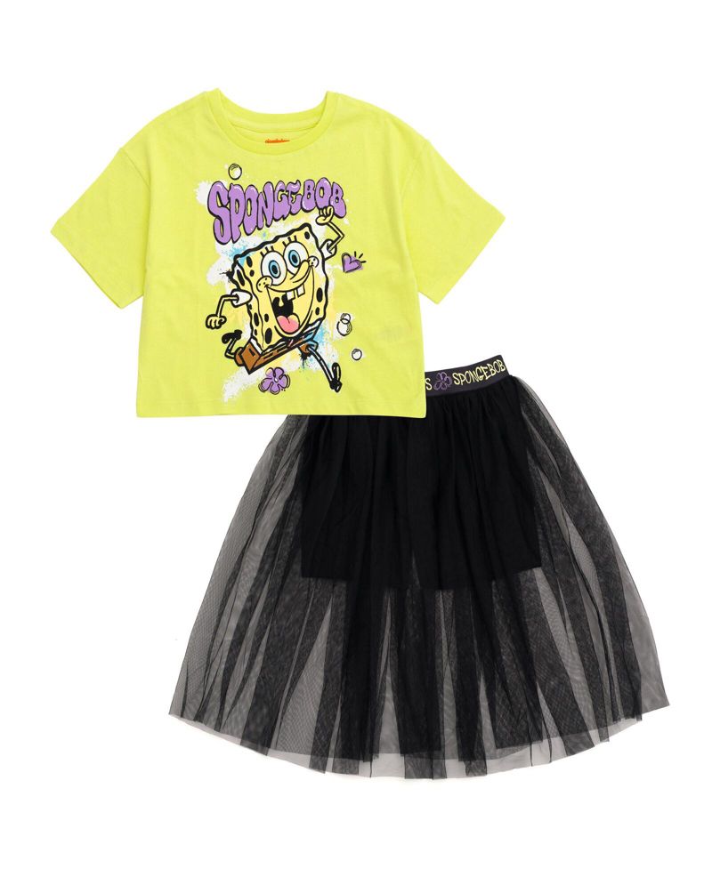 Girls Cropped Boxy Drop Shoulder T-Shirt and Mesh Tulle Skort