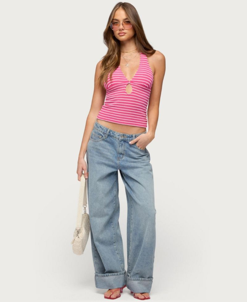 Women's Maylah Keyhole Striped Textured Halter Top
