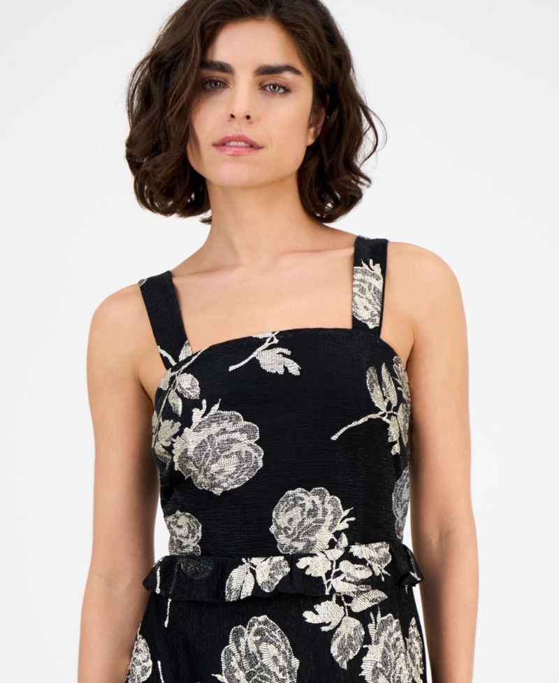 Women's Square-Neck Tiered Foil Midi Dress