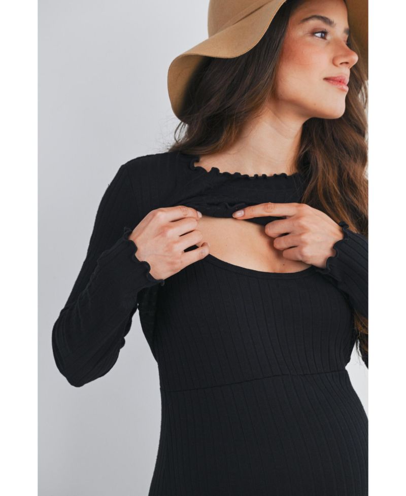 Women's Long Sleeve Round Neck Ribbed Nursing Friendly Dress