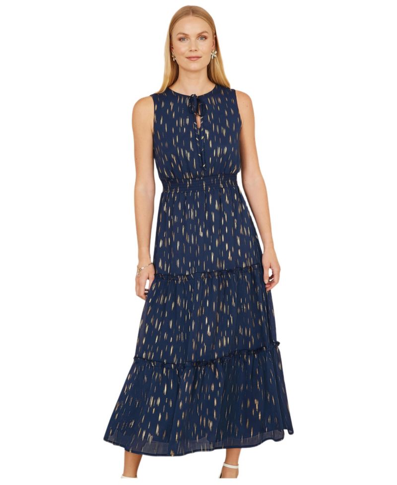 Women's Foil Print Ruched Waist Midi Dress