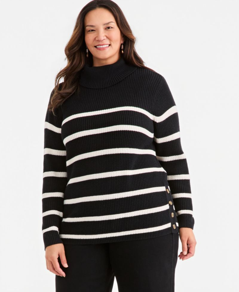 Plus Size Striped Rib Tunic Turtleneck Sweater
