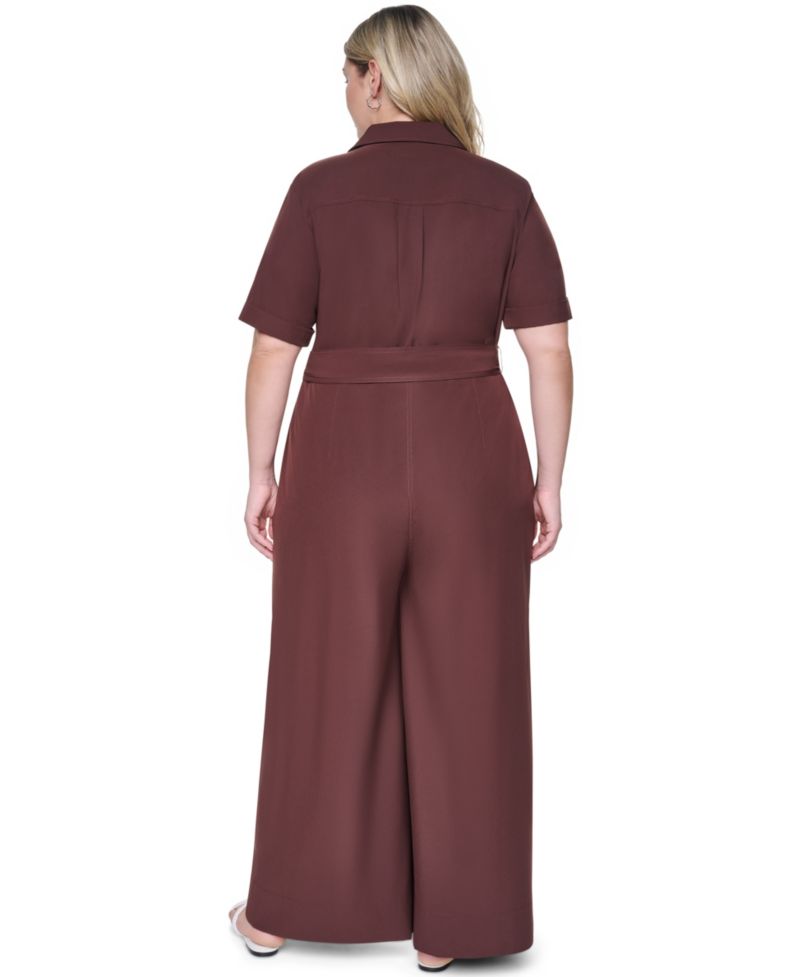 Plus Size Wide-Leg Short-Sleeve Tie Belt Jumpsuit
