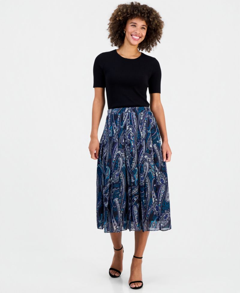 Women's Printed Pleated Pull-On Midi Skirt