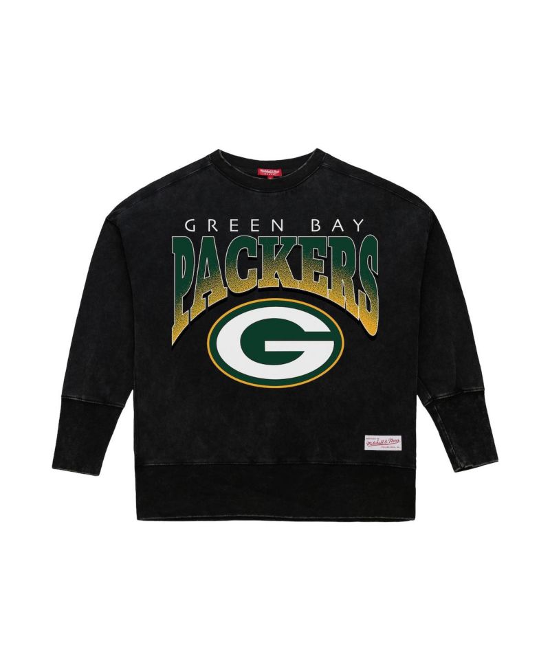Women's Black Green Bay Packers Delineate Mineral Wash Crewneck Sweatshirt