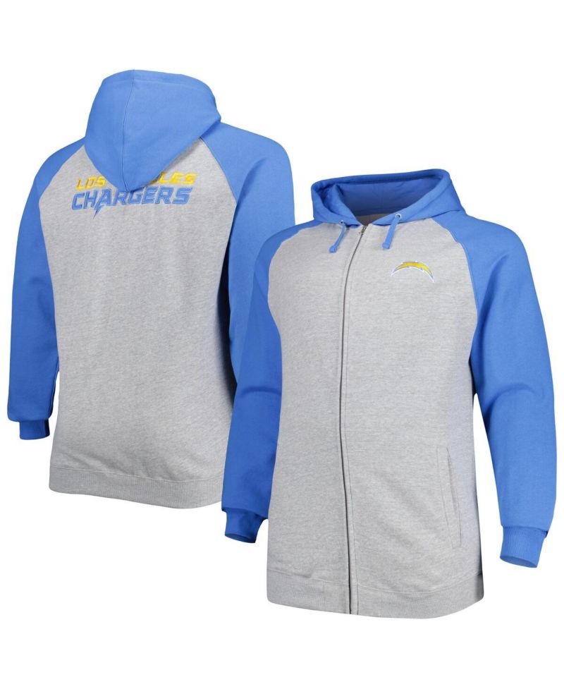 Men's Fanatics Branded Heather Gray Los Angeles Chargers Big and Tall Fleece Raglan Full-Zip Hoodie Jacket