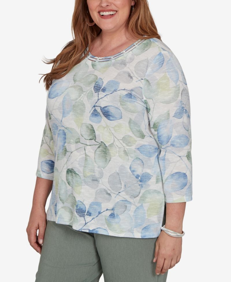 Plus Size Provence 3/4-Sleeve Watercolor Leaf Print T-Shirt