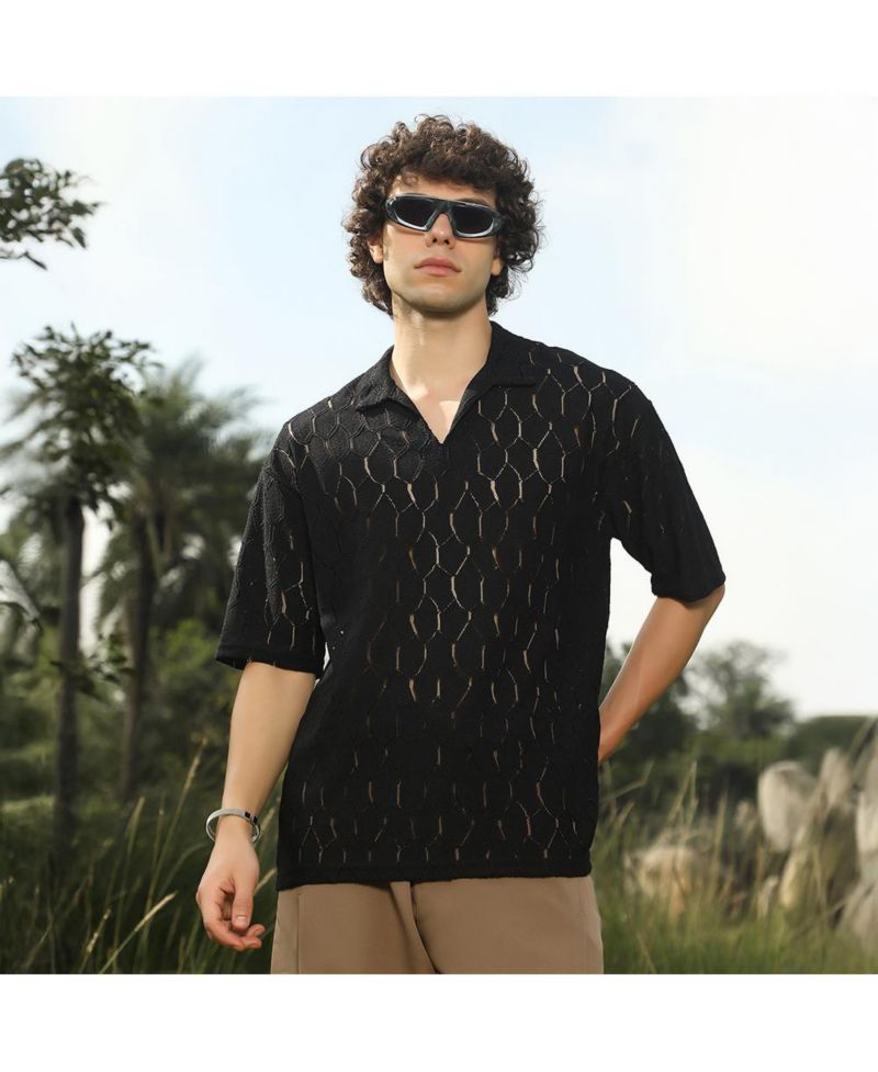 Men's Onyx Black Honeycomb-Knit Polo T-Shirt