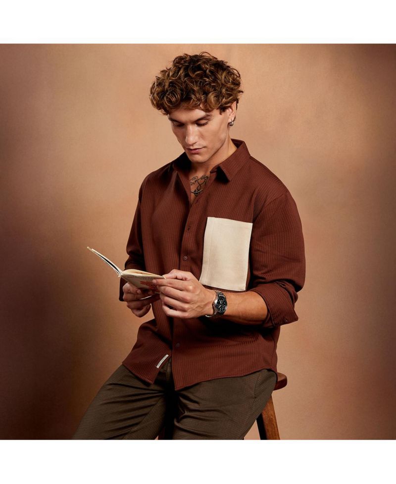 Men's Chocolate Brown Block-Patch Oversized Shirt