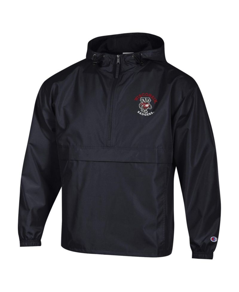 Men's Black Wisconsin Badgers Packable Hooded Windbreaker Half-Zip Jacket