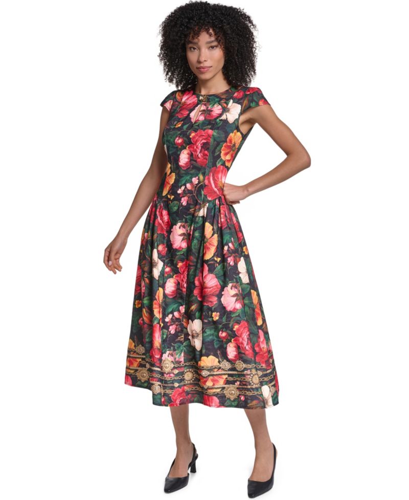 Women's Floral Print Jacquard Fit & Flare Midi Dress