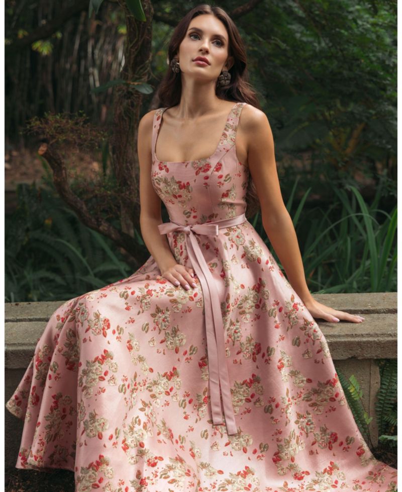 Petite Pink Floral Brocade Square-Neck Midi Dress