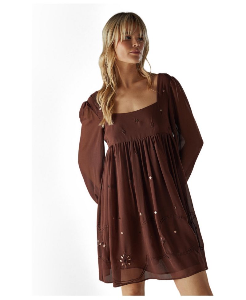 Women's Hand Embellished Square Neck Mini Dress