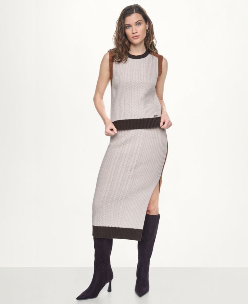 Women's Color Block Cable-Knit Crewneck Sweater