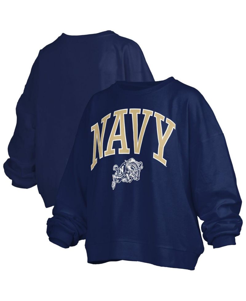 Women's Navy Midshipmen Janise Arch Over Logo Waist Length Oversized Pullover Sweatshirt