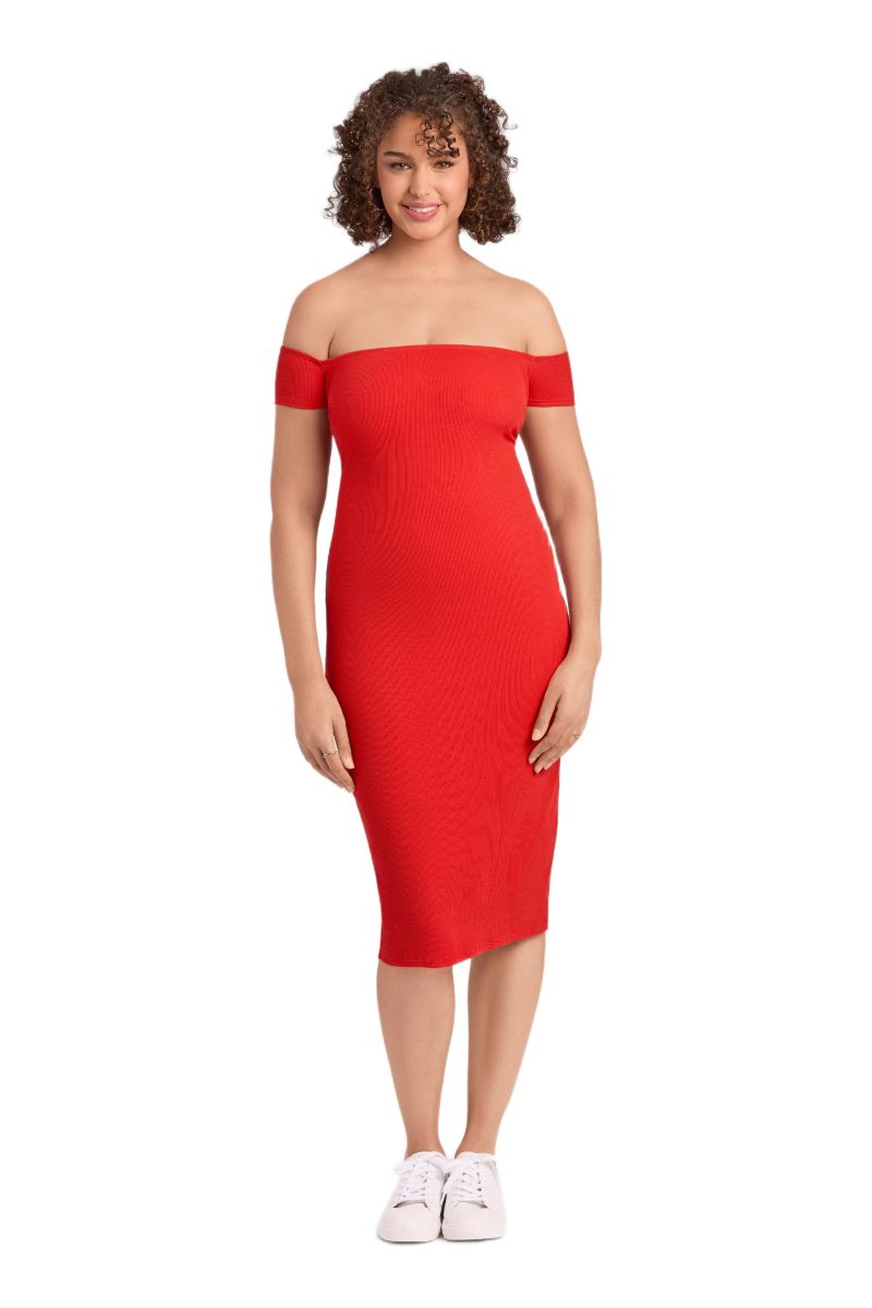 Women's Off the Shoulder Straight Neck Ribbed Sculpting Midi Dress