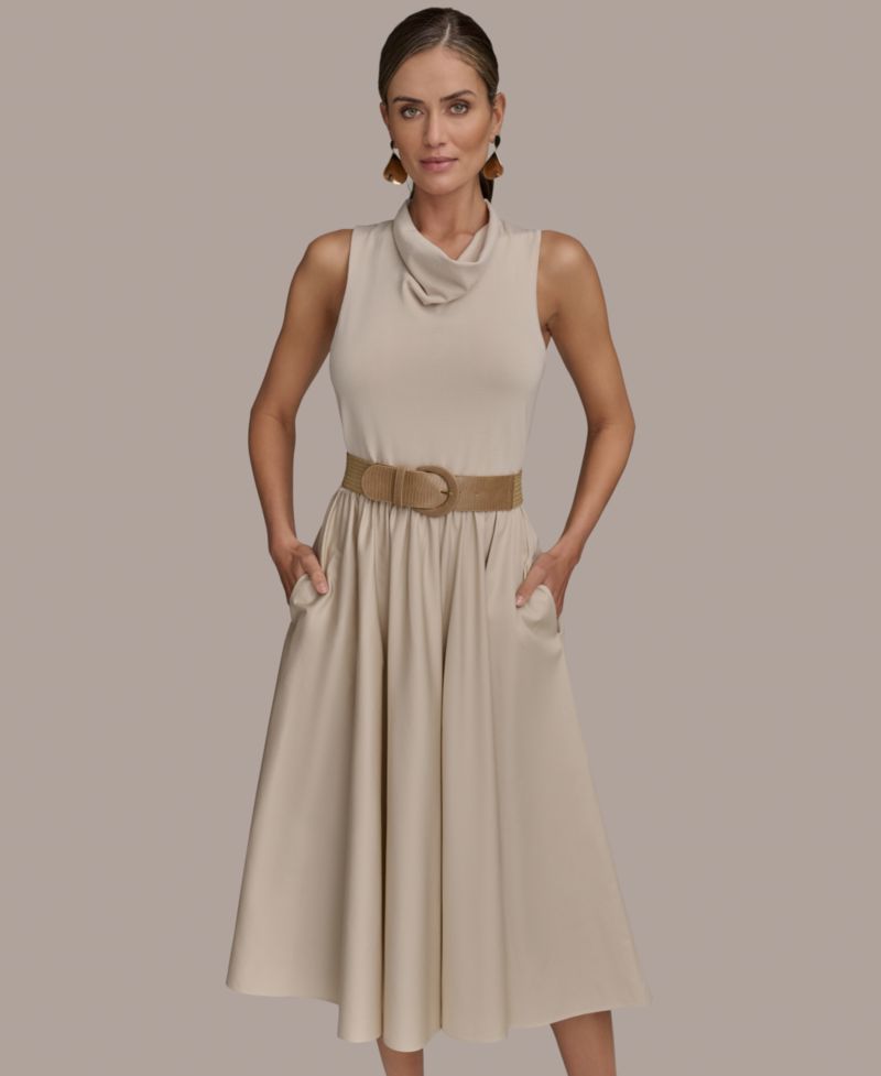 Women's Mixed-Media Belted Midi Dress