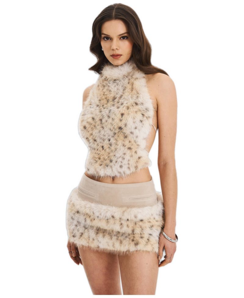 Women's Sasha Tan Cheetah Backless Contoured Fur Halter Top