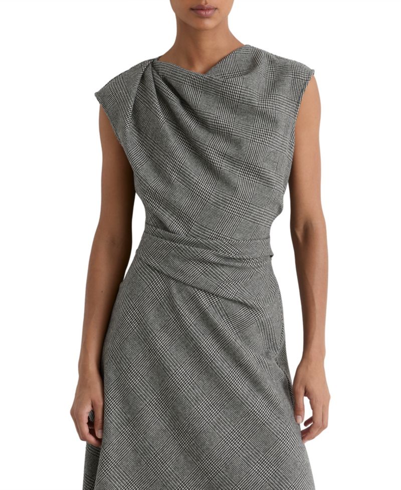Women's Clara Sleeveless Prince of Wales Check Asymmetric Draping Midi Dress