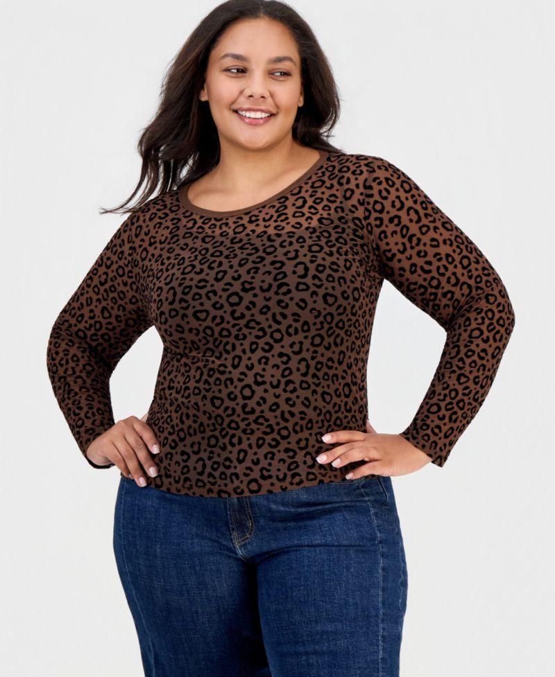 Plus Size Flocked Mesh Long-Sleeve Crewneck Top