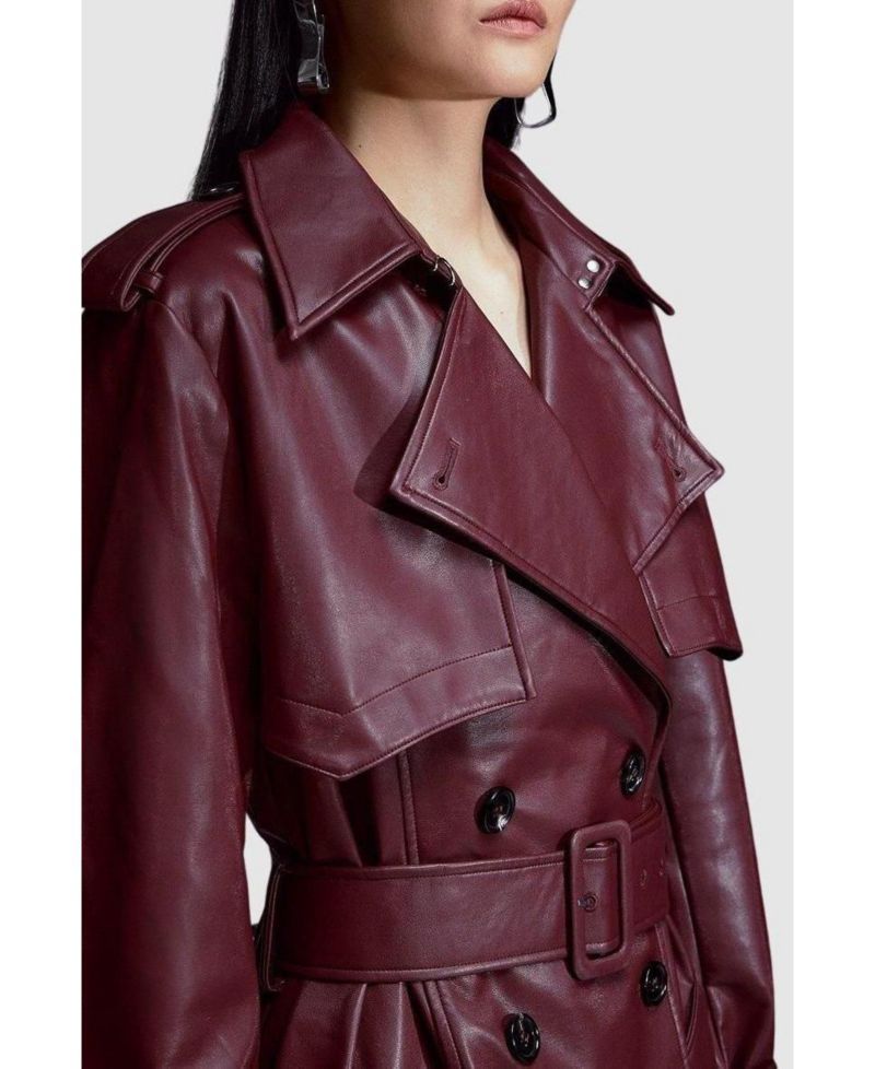 Women's Tailored Faux Leather Belted Trench Coat