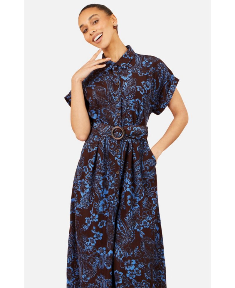 Women's Paisley Belted Short-Sleeve Shirt Dress