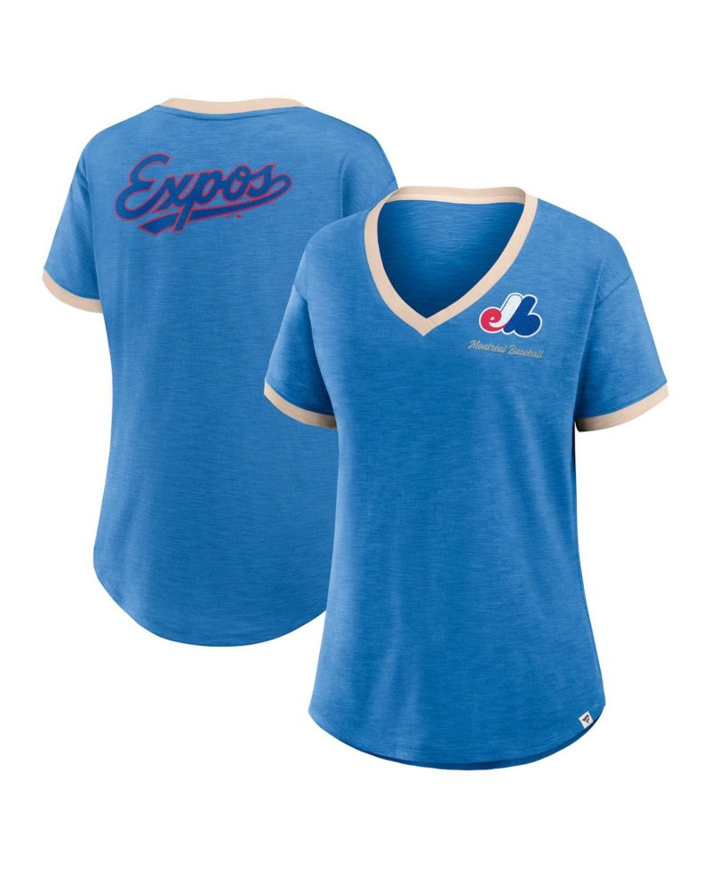 Women's Blue Montreal Expos Cooperstown Collection Binge Worthy Stadium Slub V-Neck T-Shirt