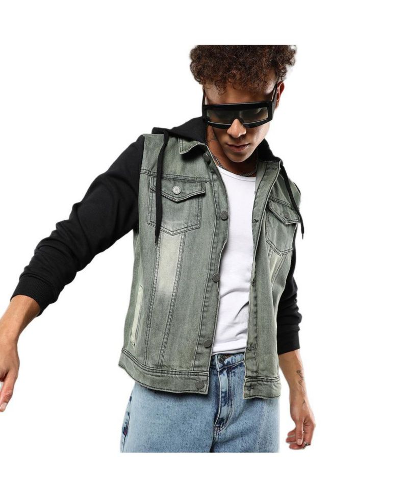 Men's Light-Wash Hooded Denim Jacket With Sweatshirt-Style Sleeves