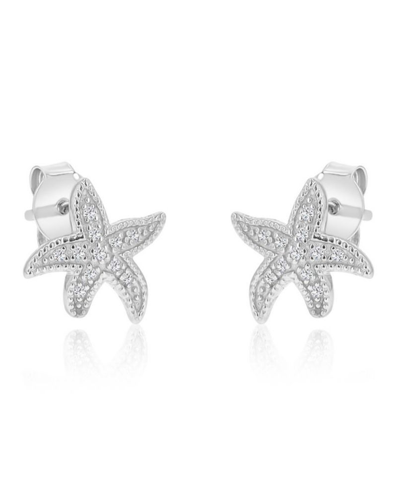 Created White Sapphire Star Fish Stud Earrings in Rhodium Over Sterling Silver