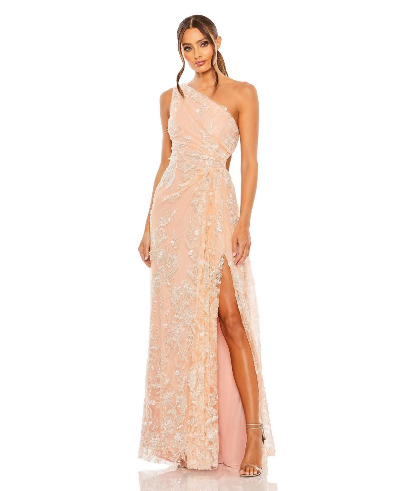 Women's One Shoulder Side Cut Embellished Gown