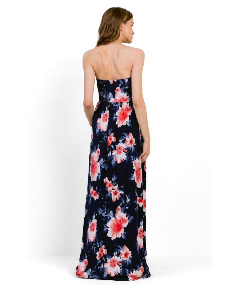 Women's Strapless Empire Waist Floral Maxi Dress with Side Pockets