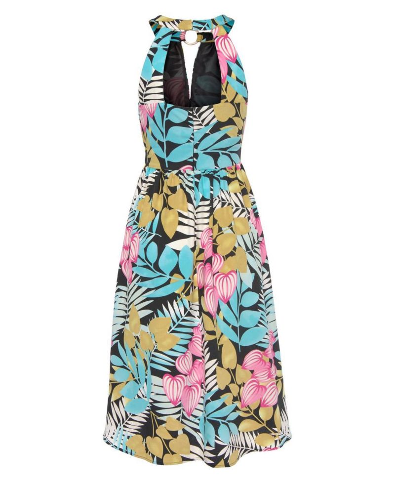 Women's Tropical Print High-Low Cutout A-Line Halter-Neck Midi Dress