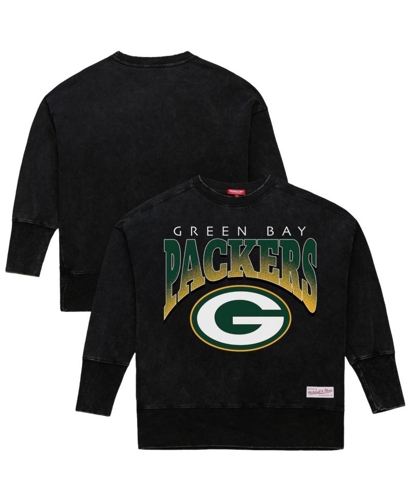 Women's Black Green Bay Packers Delineate Mineral Wash Crewneck Sweatshirt