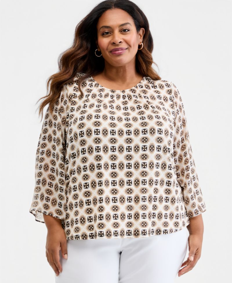 Petite Printed Chiffon-Sleeve Gathered-Neck Top