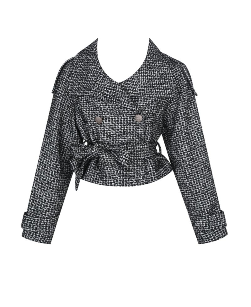 Women's Sadie Black and White Tweed High Collar Belted Mini Jacket