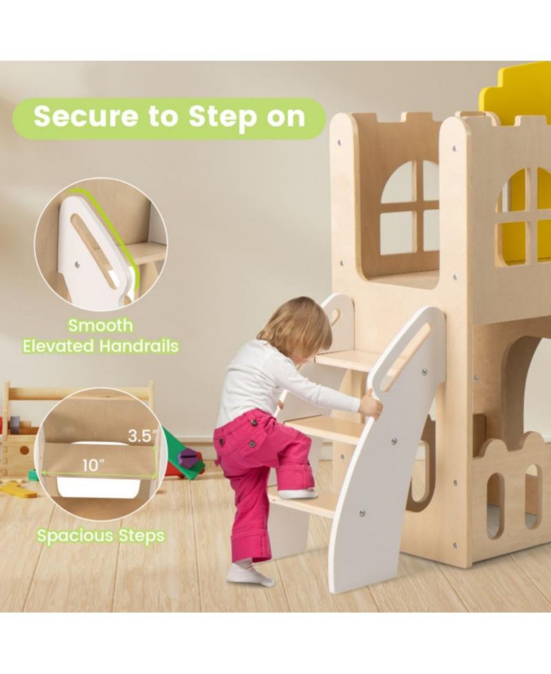 7-in-1 Wooden Slide and Climber Set with Basketball Hoop