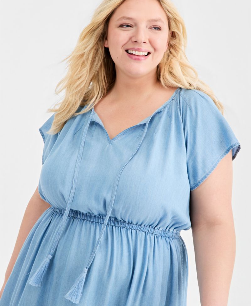 Plus Size Chambray Tiered Midi Dress