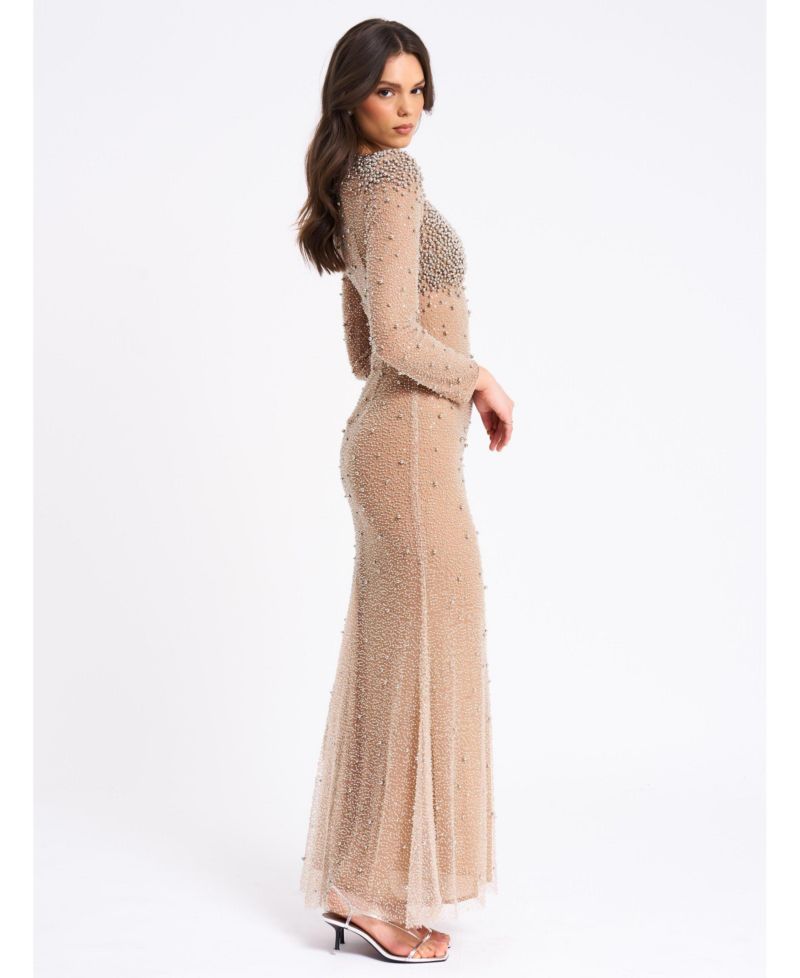 Women Rita Embroidered Mesh Silver Beaded Mermaid Gown