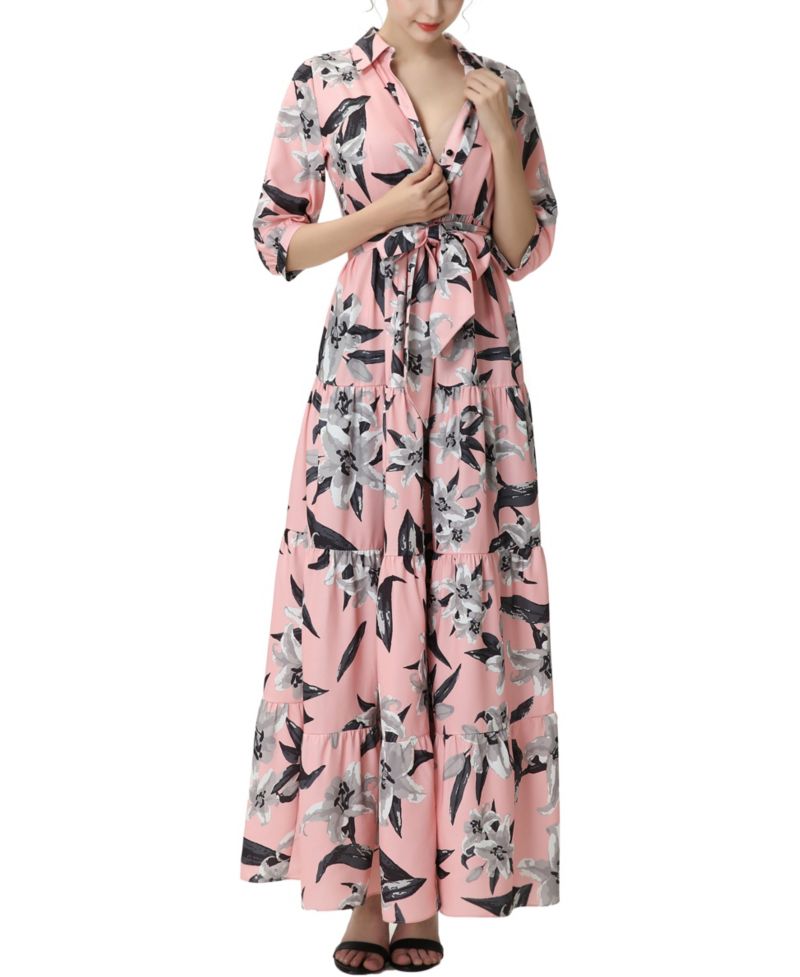 Women's Matenrity Floral Print Nursing Maxi Shirt Dress