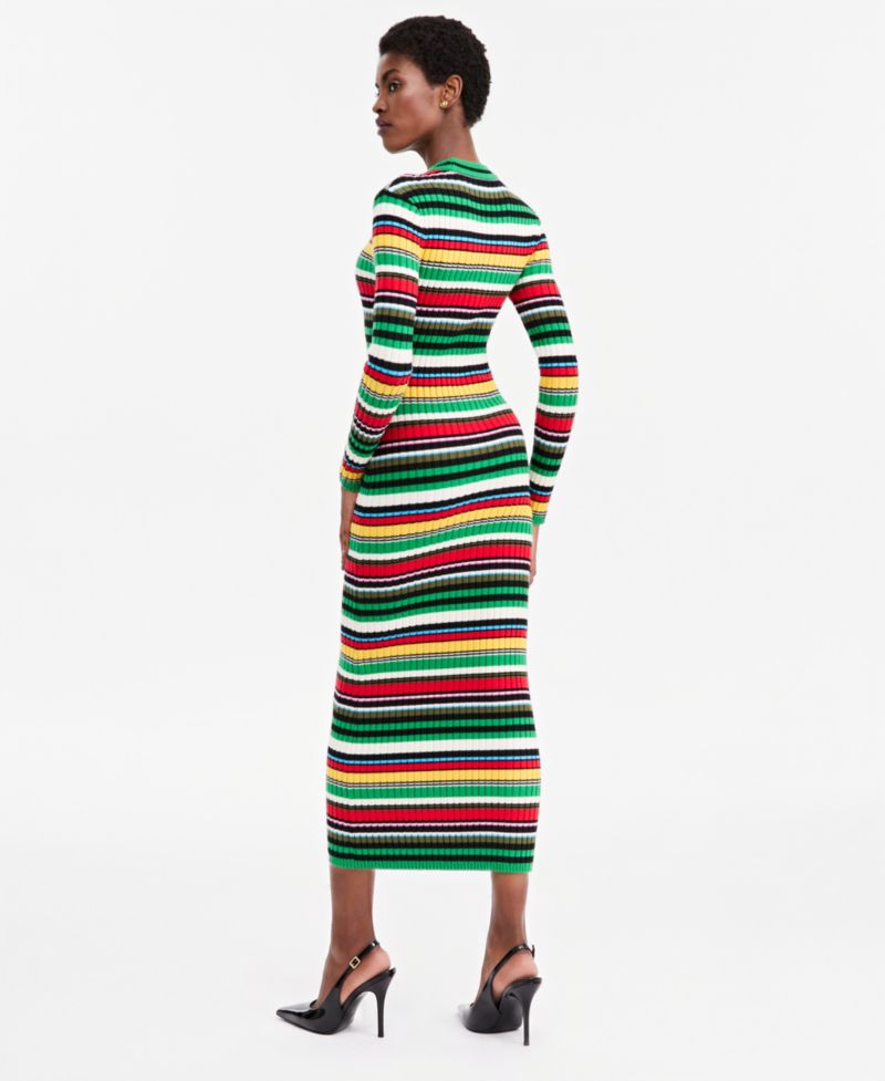 Women's Long-Sleeve Ribbed Striped Sweater Dress