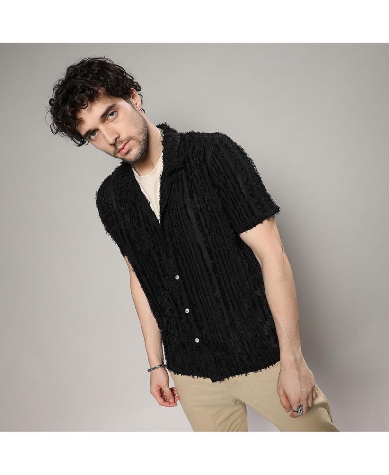 Men's Jet Black Fleece Striped Shirt