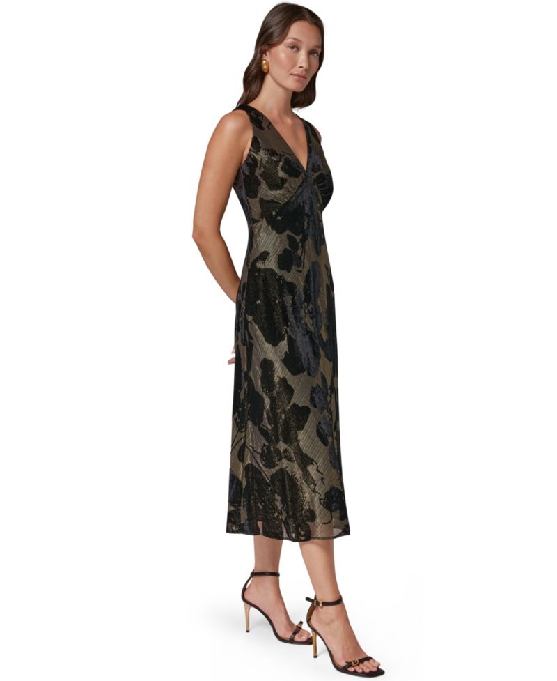 Women's Floral A-Line Metallic Velvet Burnout Midi Dress