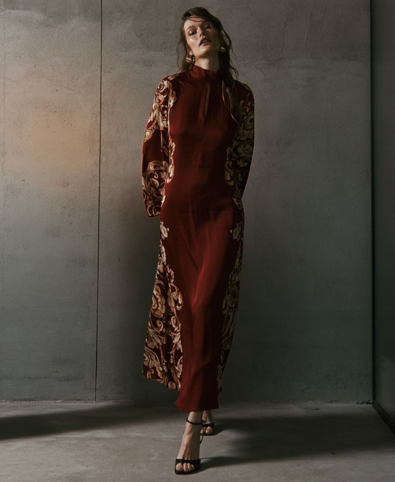Women's Analeia Mock-Neck A-Line Long-Sleeve Silk-Blend Maxi Dress