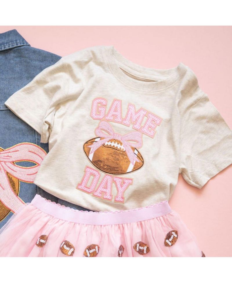Little Girls Game Day Sequin Patch Short Sleeve T-Shirt