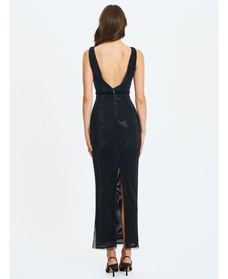 Women's Olympia Belted Bow Plunging Rhinestone Maxi Dress