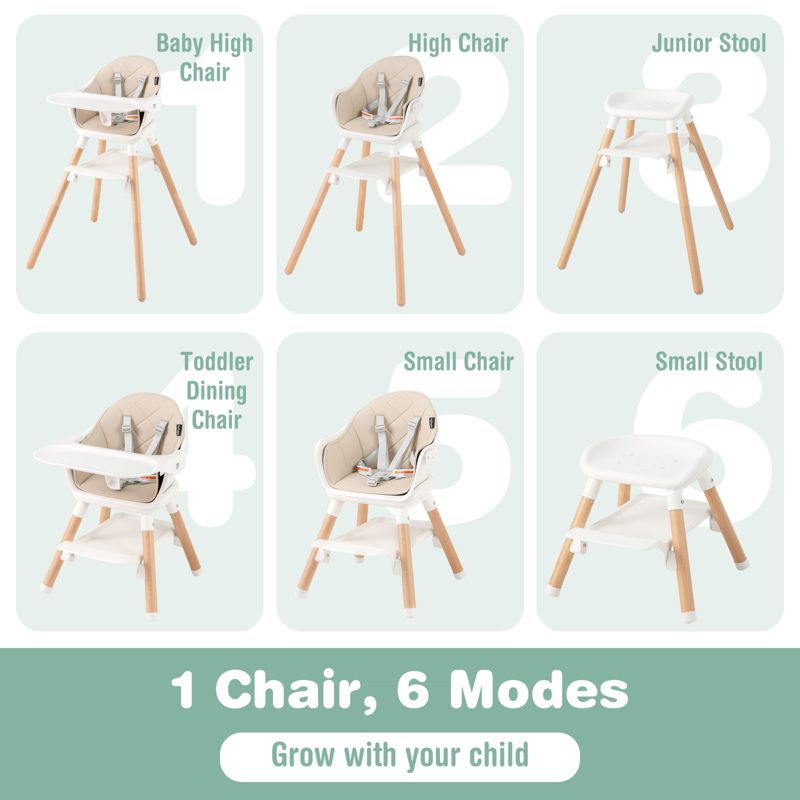 6-in-1 Convertible Baby High Chair with Safety Harness and Removable Tray