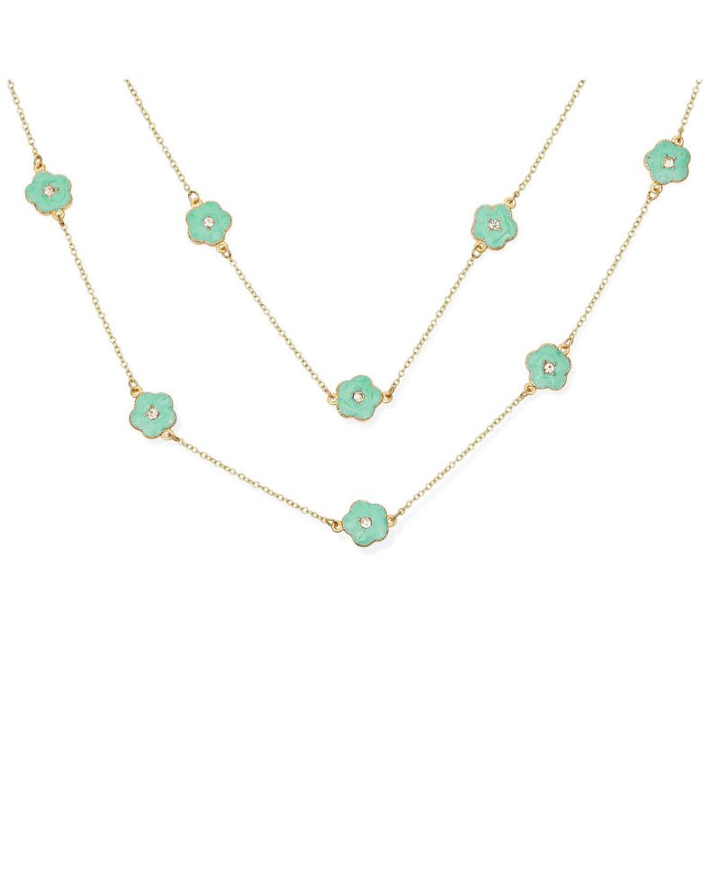 Long Crystal Enamel Rose Flower Double Wrap Clover Necklace Gold Tone 36"