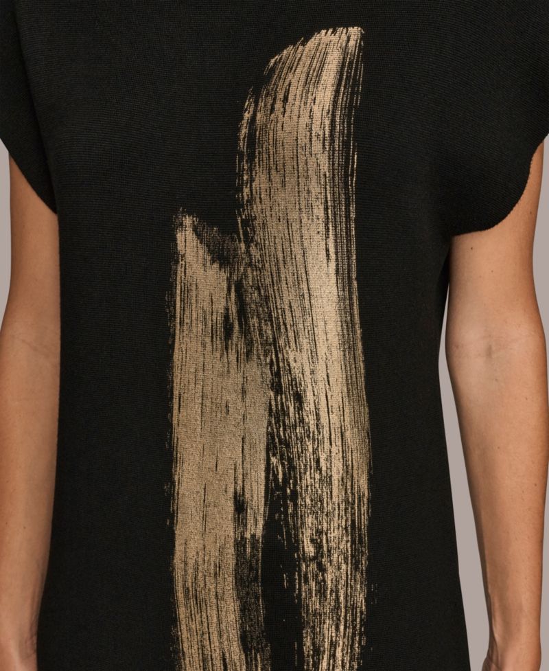Petite Cap Sleeve Metallic-Print Graphic Midi Sweater Dress