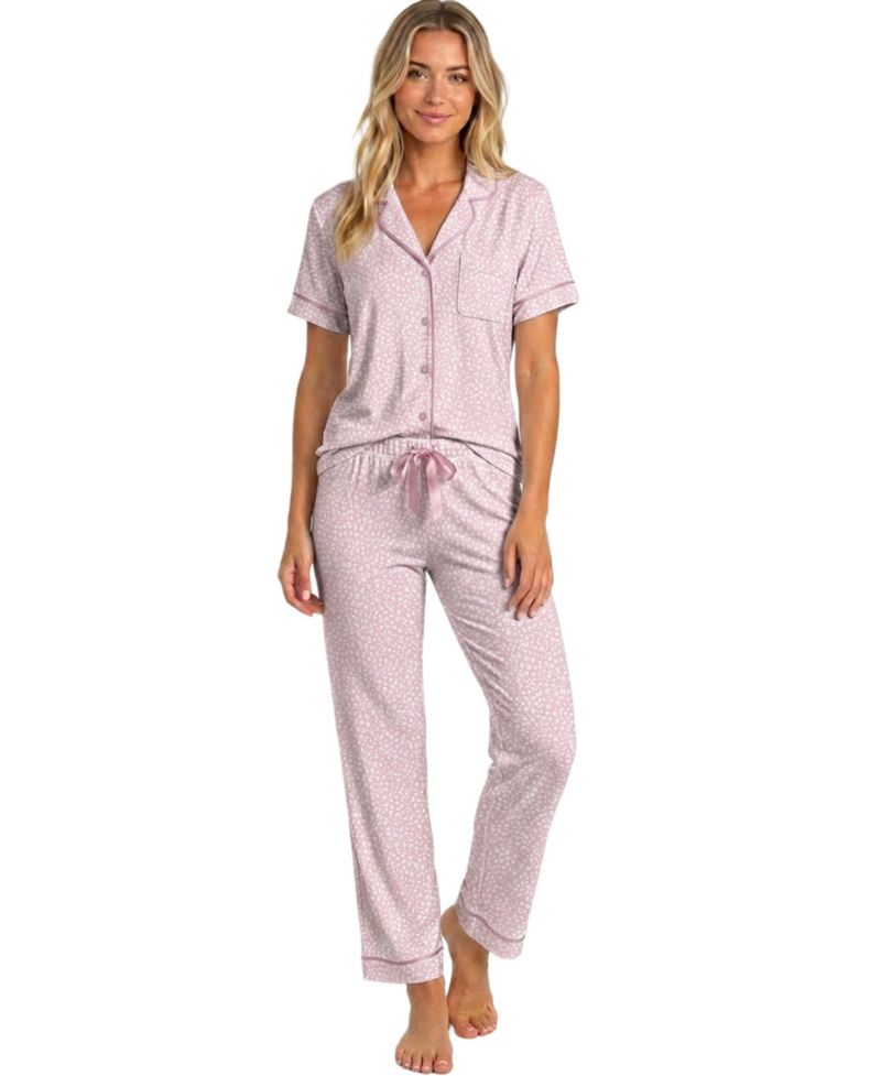 Women's Satin Piping Notch Collar Pajama Set, 29" Inseam