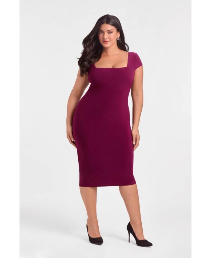 Women's Sculpting Shapewear Square Neck Cap Sleeve Solid Midi Dress